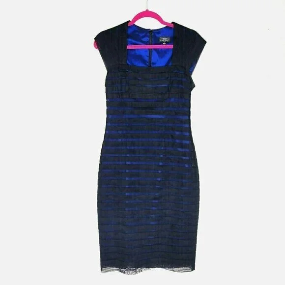 Adrianna Papell Cocktail Dress Size 6 Blue Lining Black Overlay Mesh Tiered - Picture 2 of 9